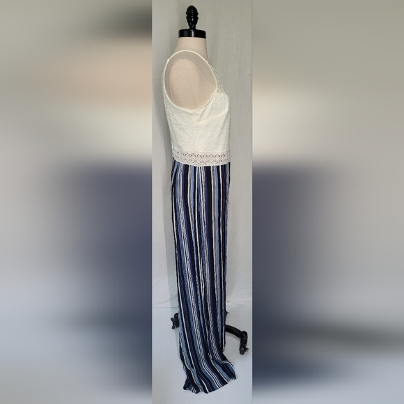 NWT I.N. Blue White Stripe Sleeveless Lace Bodice Wide Leg Jumpsuit, Sz 11 - Picture 8 of 15